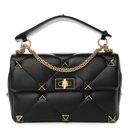 Valentino Garavani Nappa Enamel Medium Roman Stud Shoulder Bag Black 1 of 10