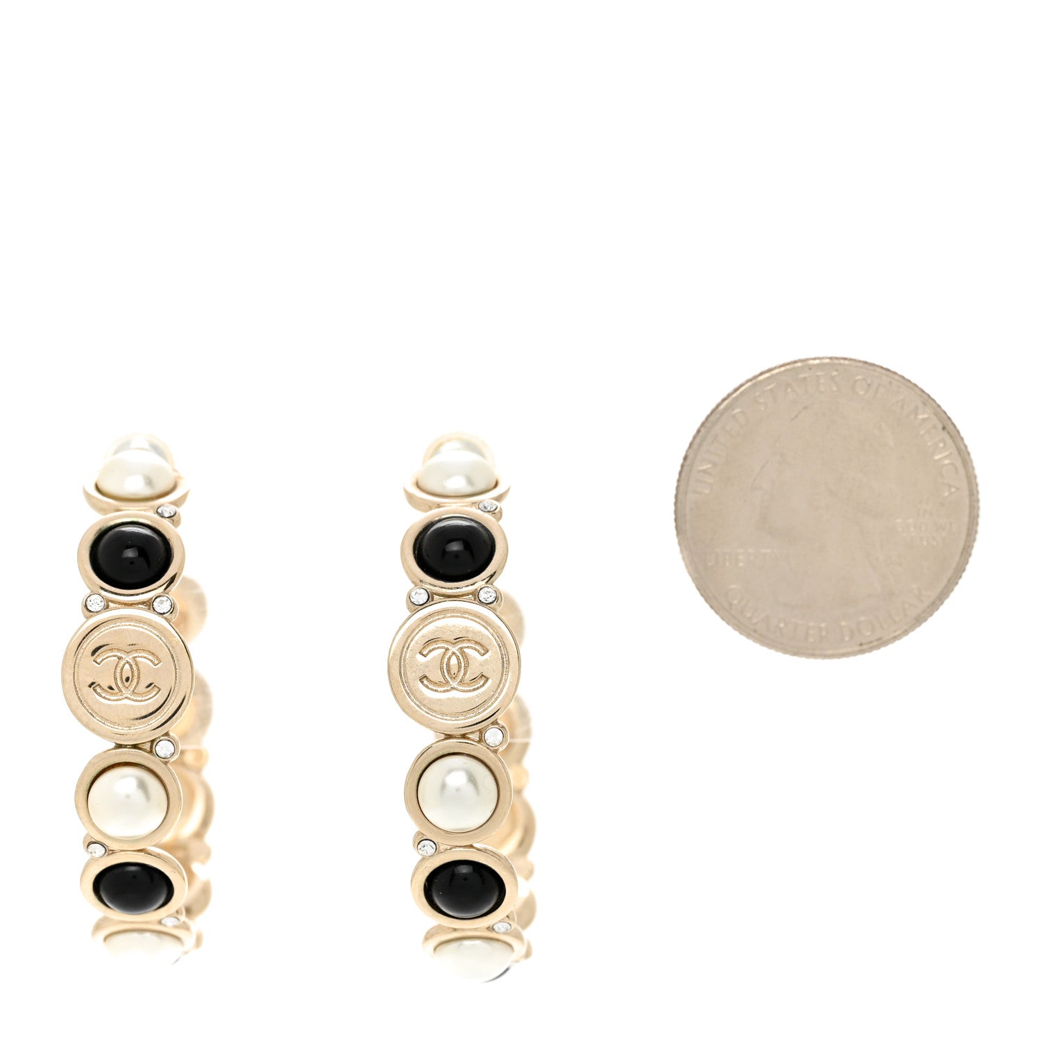 Chanel Crystal Pearl Metal Resin Polka Dot Hoop Earrings Gold Black 2 of 9
