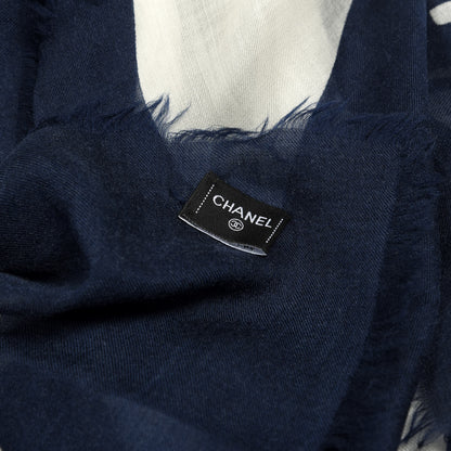 Chanel Cashmere Aeroport Print CC Logo Fringe Scarf White Navy Blue 2 of 2