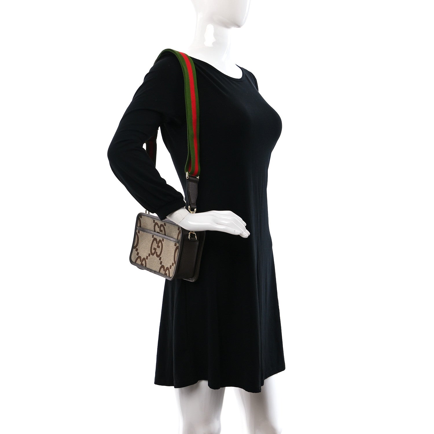 Gucci Monogram Jumbo GG Textured Dollar Calfskin Web Mini Crossbody Bag Camel Ebony New Acero 2 of 8