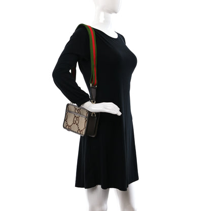 Gucci Monogram Jumbo GG Textured Dollar Calfskin Web Mini Crossbody Bag Camel Ebony New Acero 2 of 8