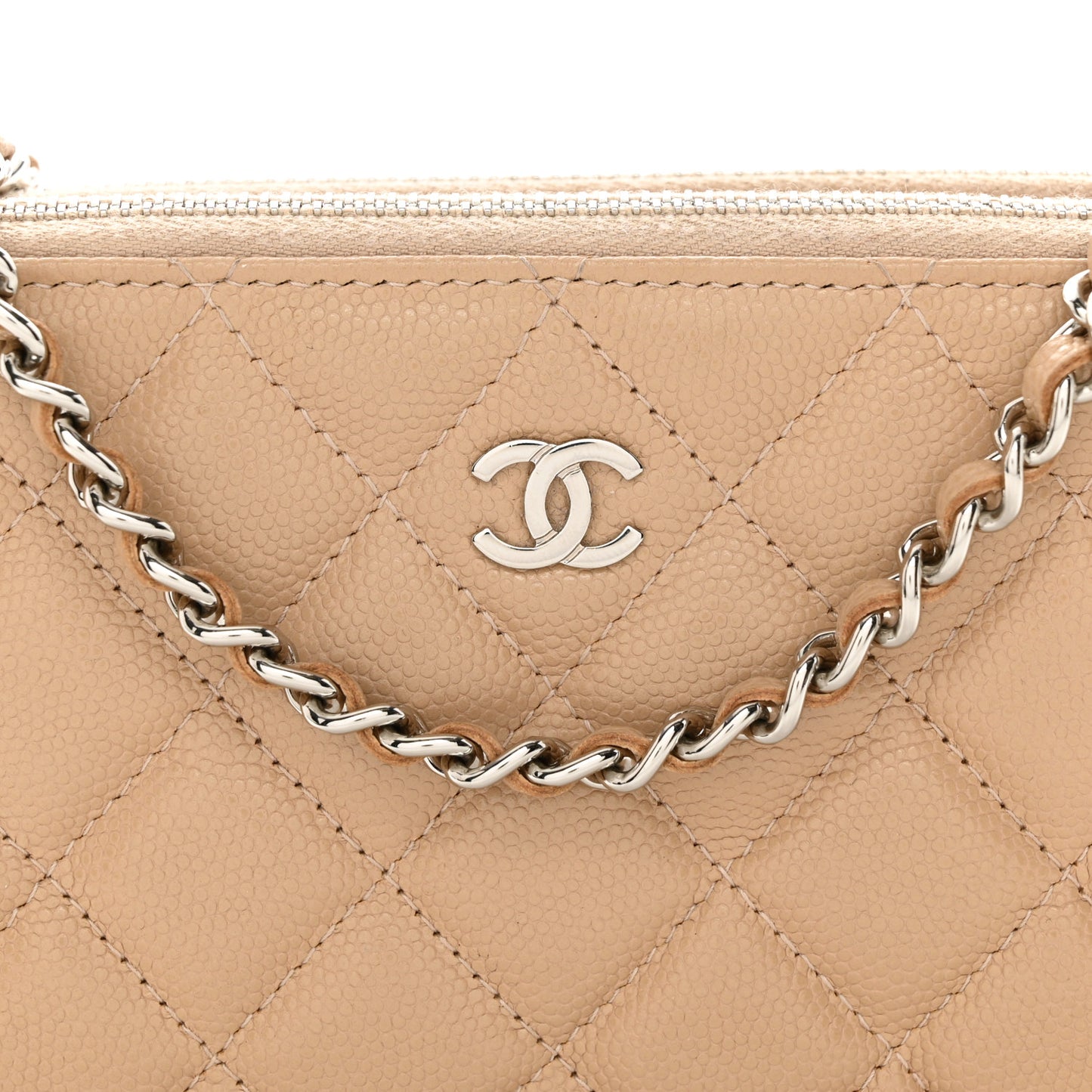 Iridescent Caviar Quilted Small Clutch With Chain Beige