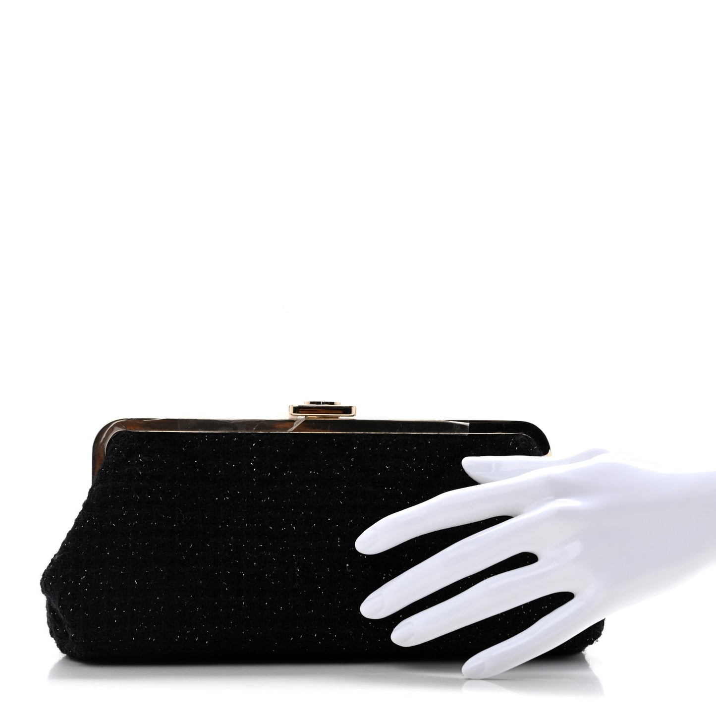 Tweed Quilted Kiss Lock Clutch Black