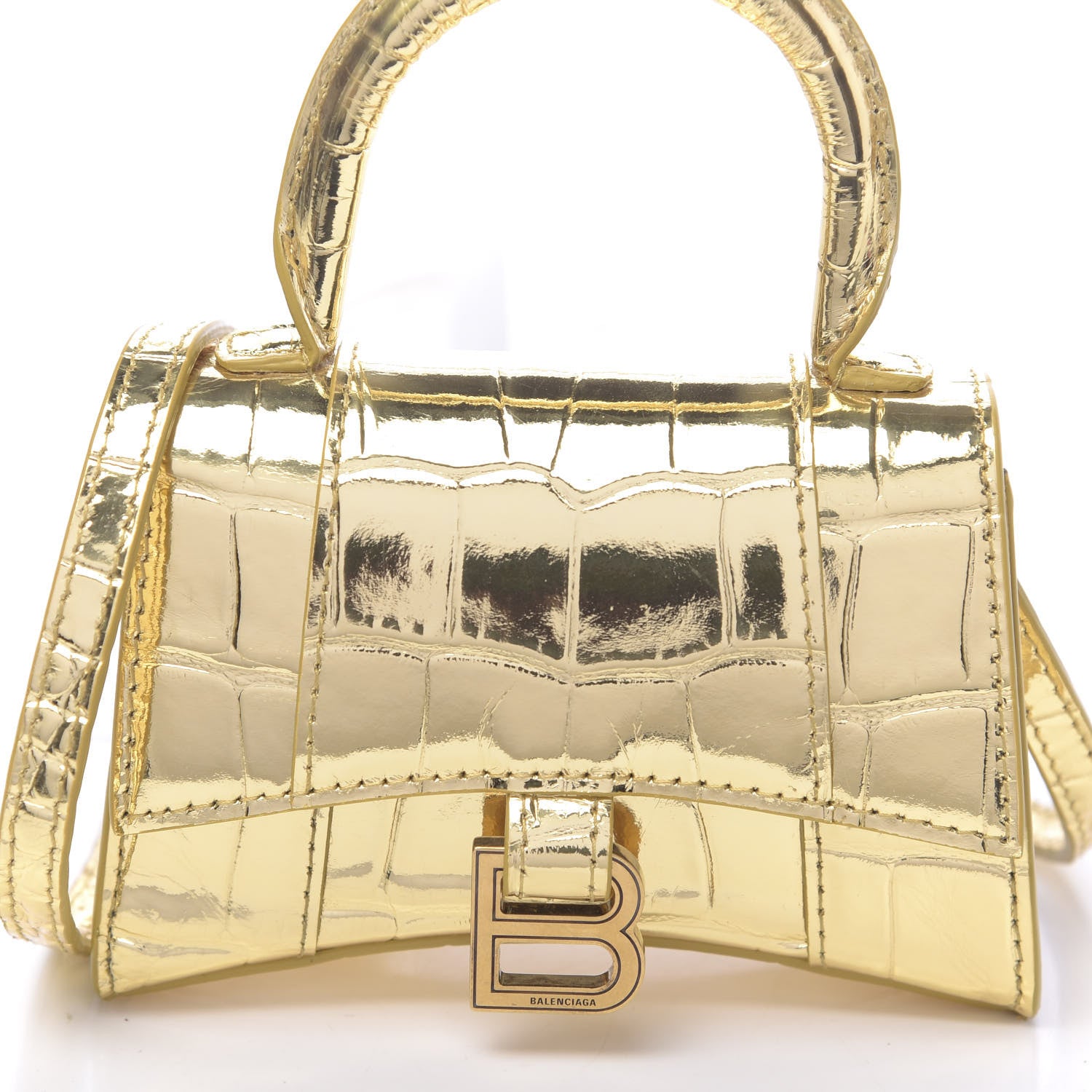 Balenciaga Metallic Calfskin Crocodile Embossed Hourglass Top Handle Bag Mini Gold 11 of 11