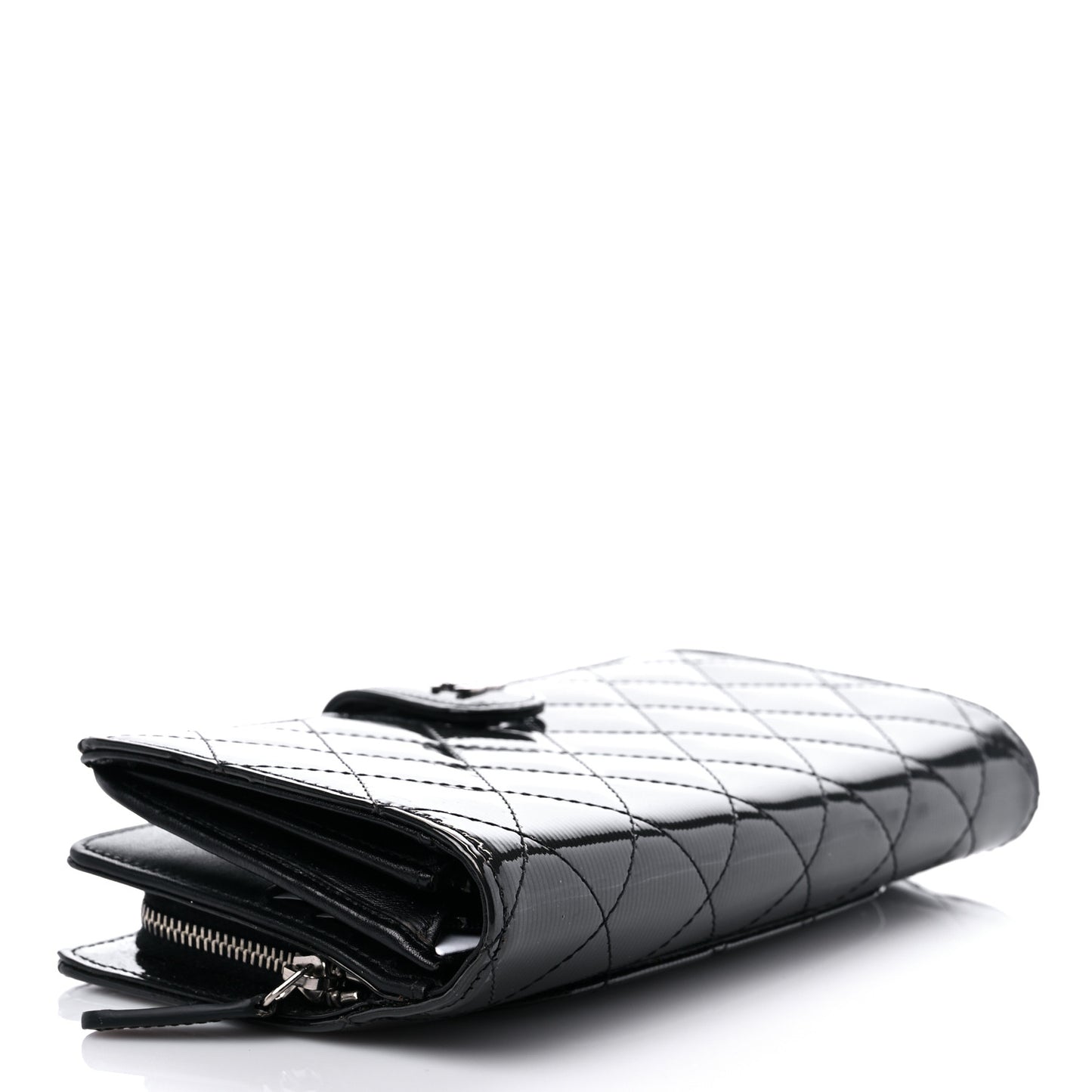 Striated Patent Quilted Zipped Pocket Long Wallet Black