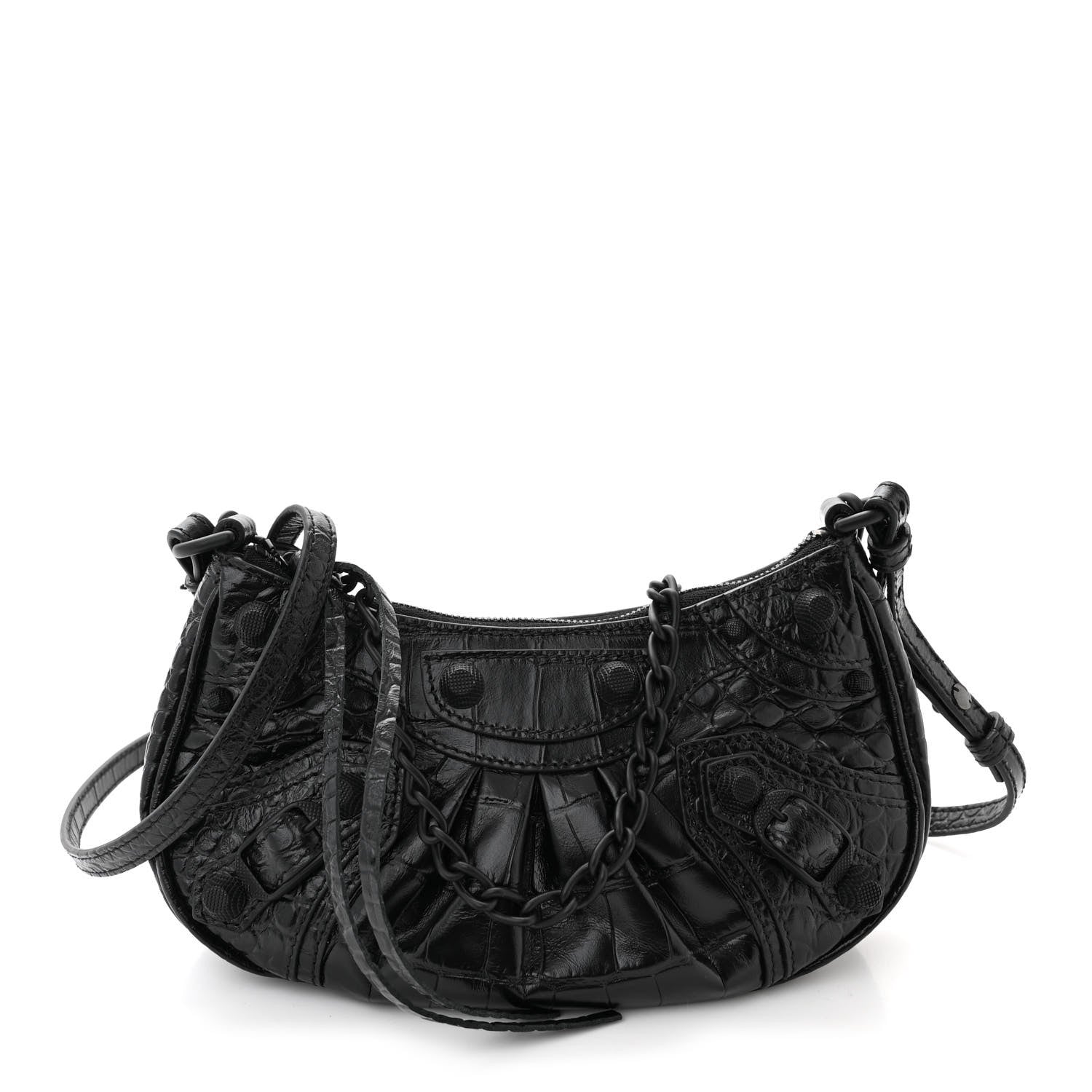 Balenciaga Extra Supple Calfskin Crystal Crocodile Embossed Le Cagole Mini Purse With Chain Black 1 of 12