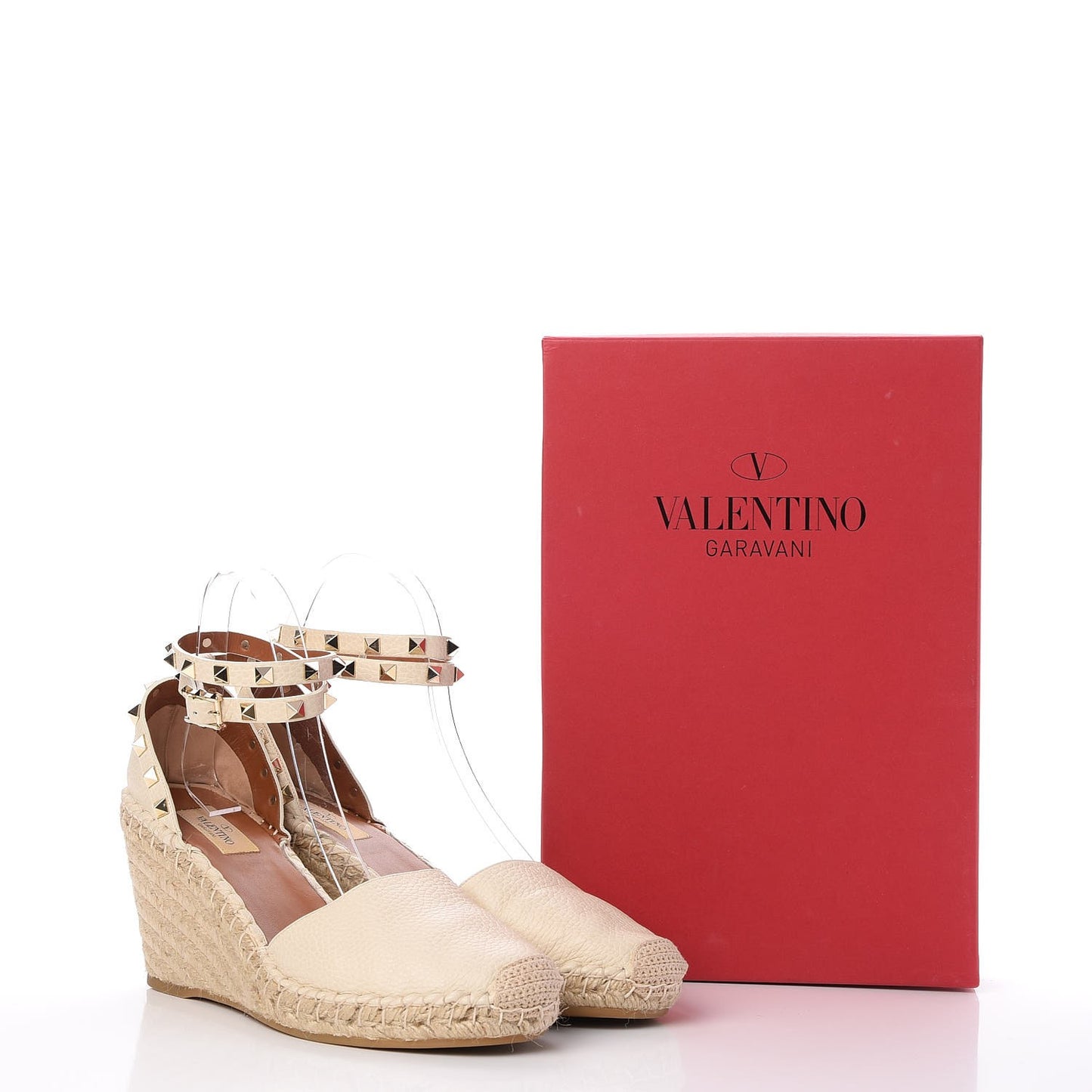 Grained Calfskin Rockstud Ankle Wrap Espadrille 15/85mm Wedges 41 Light Ivory