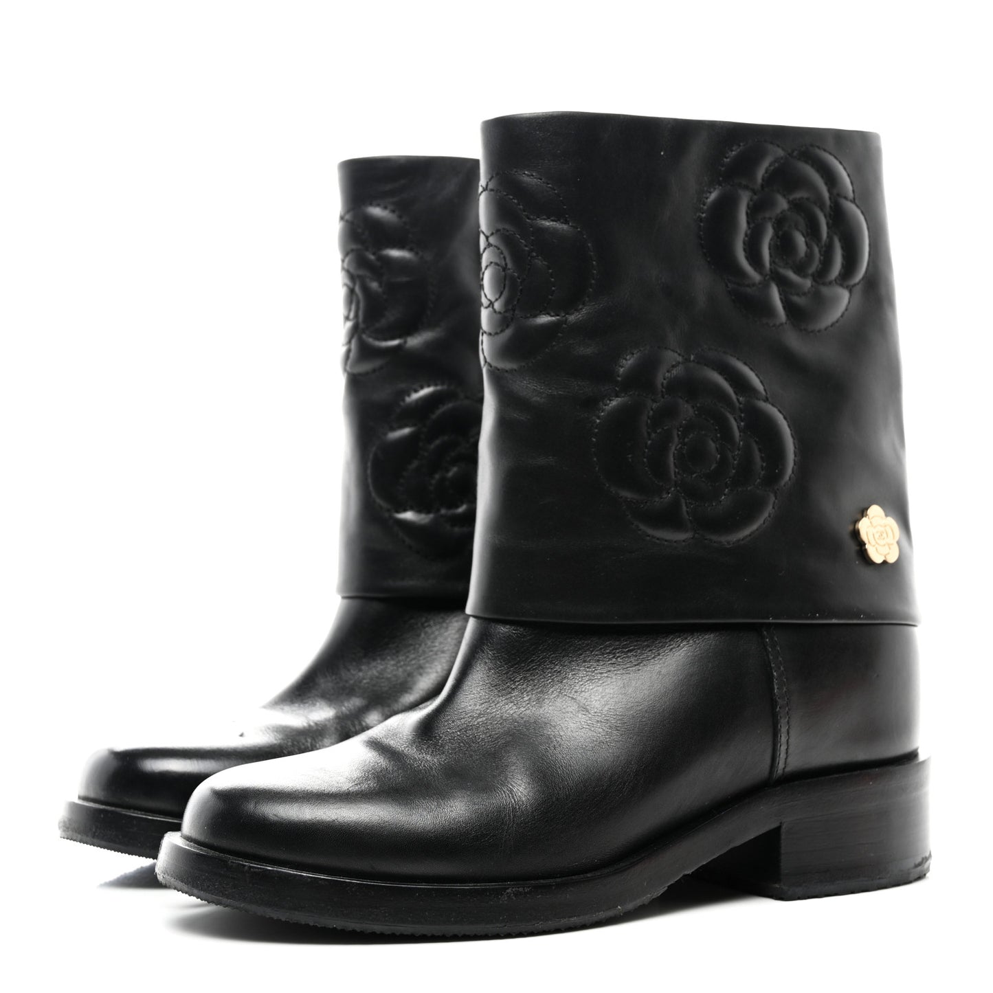 Calfskin Camellia Short Boots 37 Black