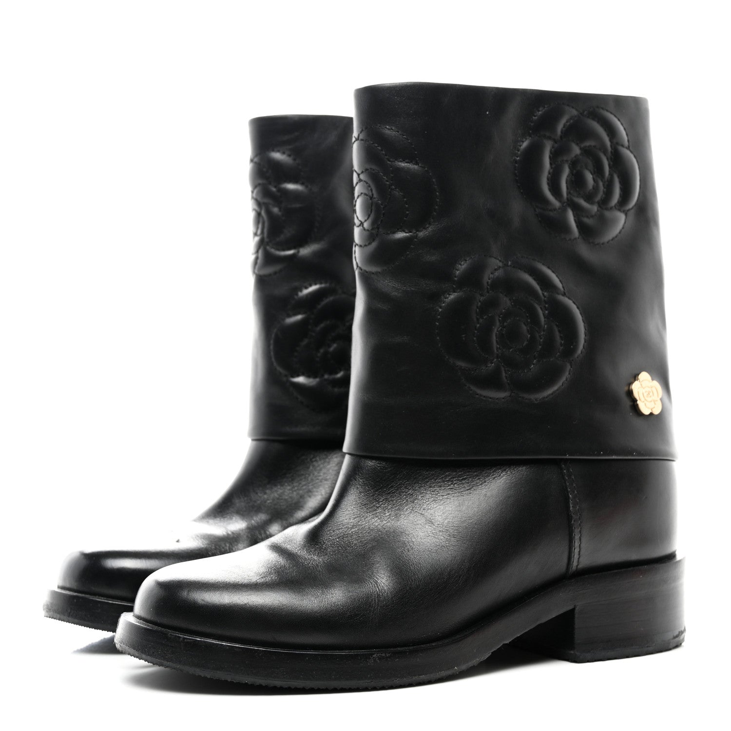 Chanel Calfskin Camellia Short Boots 37 Black 3 of 9