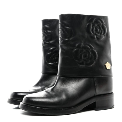 Chanel Calfskin Camellia Short Boots 37 Black 3 of 9
