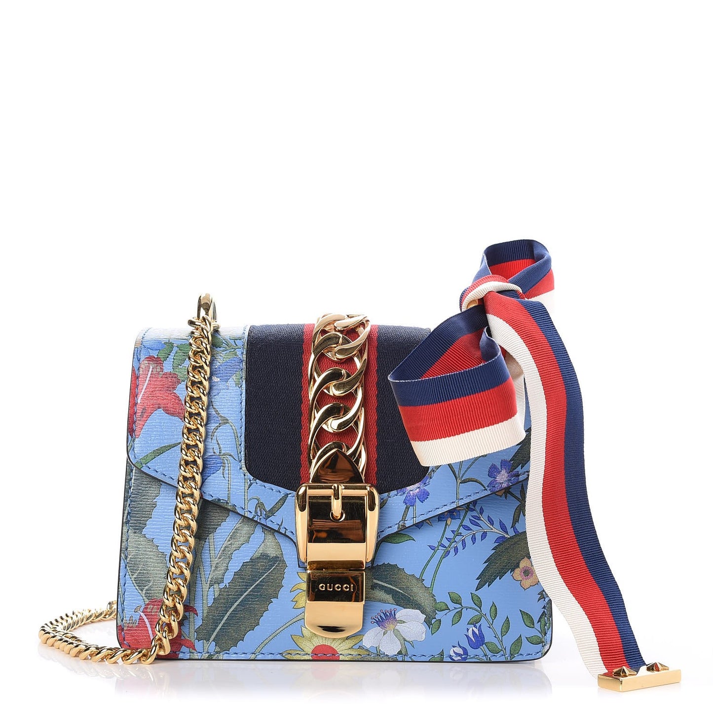 Shangai Calfskin Web New Flora Mini Sylvie Chain Shoulder Bag Azure