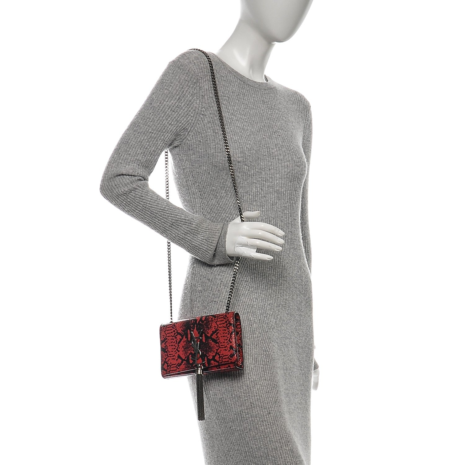 Saint Laurent Python Print Small Monogram Kate Tassel Satchel Black Red 2 of 7