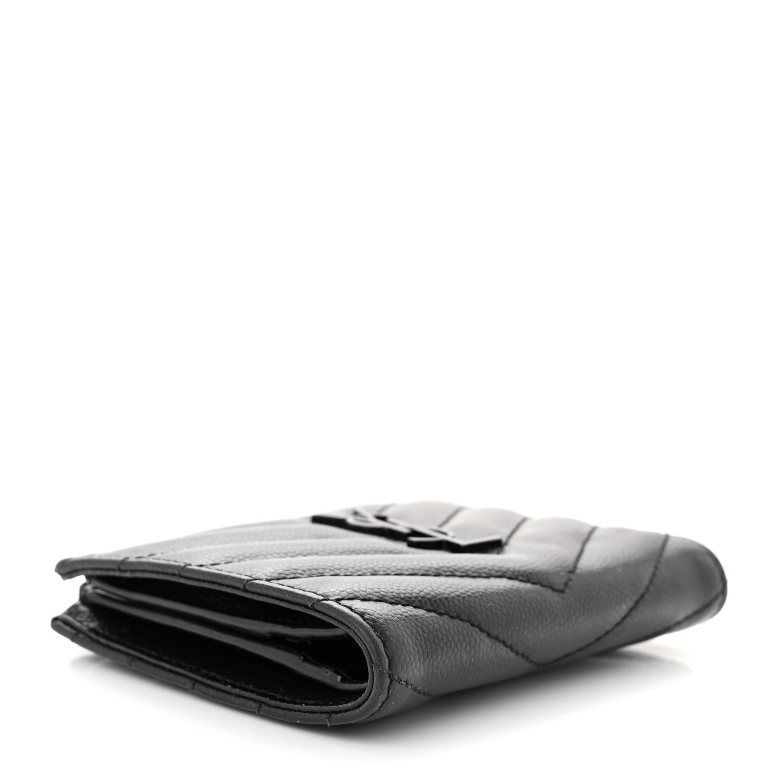 Saint Laurent Grain De Poudre Matelasse Chevron Monogram Zipped Card Case Black 4 of 12