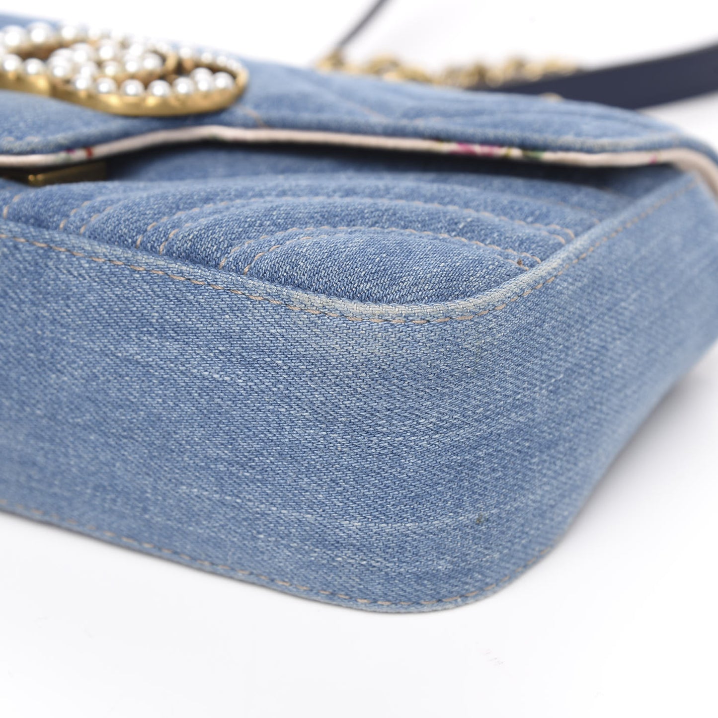 Denim Matelasse Mini Pearly GG Marmont Shoulder Bag Blue