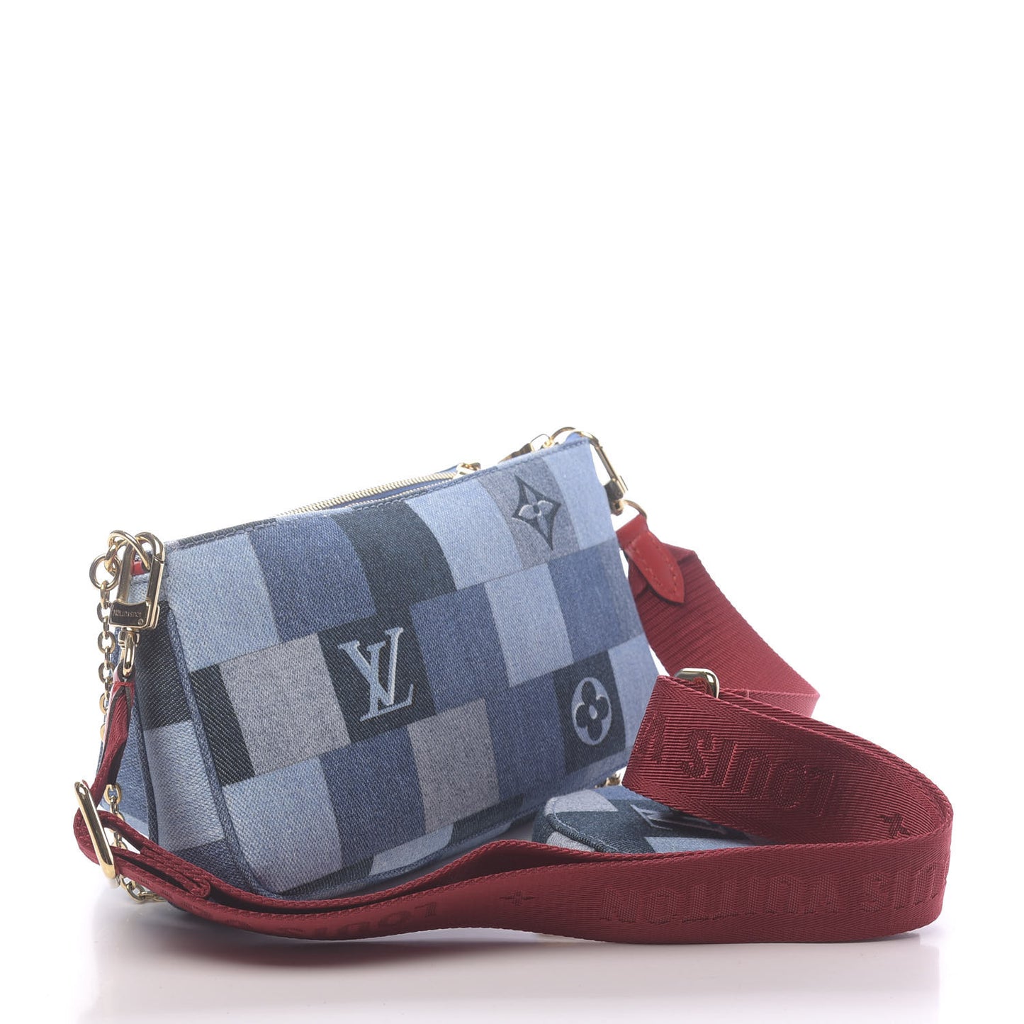 Denim Damier Monogram Patchwork Multi Pochette Accessories Blue Rouge