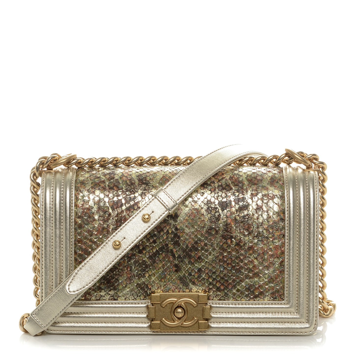 Metallic Painted Python Medium Boy Flap Gold