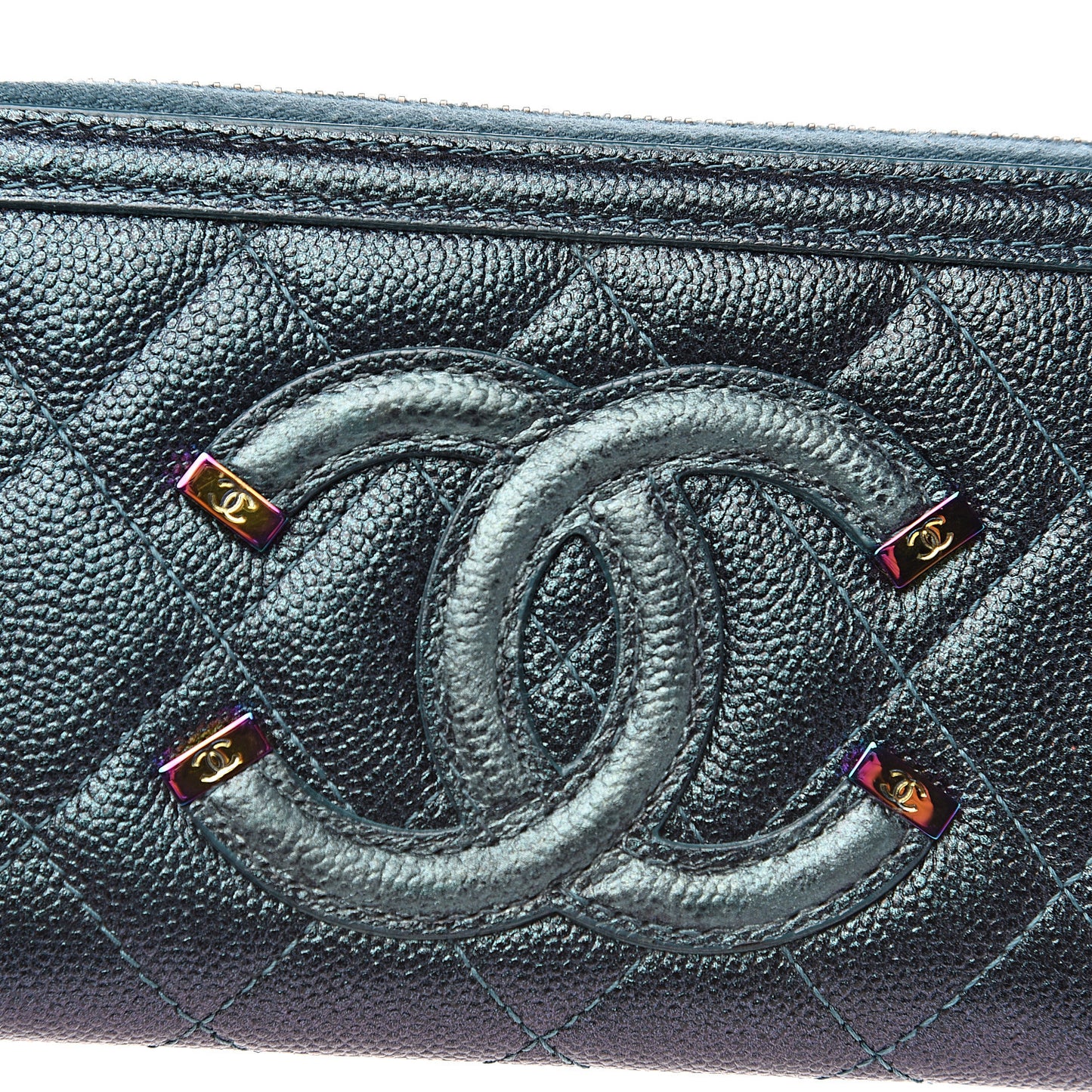 Iridescent Caviar Quilted Medium Filigree Zip Around Wallet Dark Turquoise