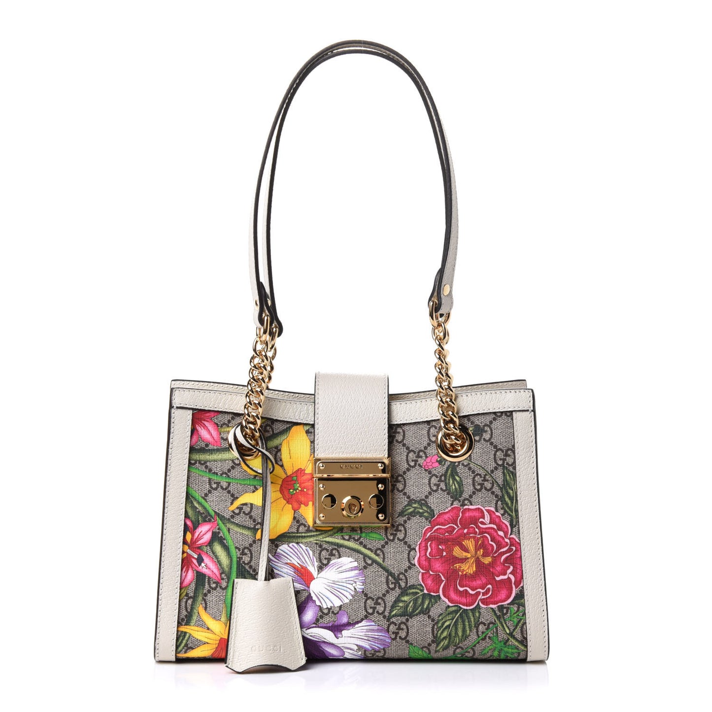 GG Supreme Monogram Flora Textured Calfskin Small Padlock Tote Beige Ebony Multicolor Mystic White