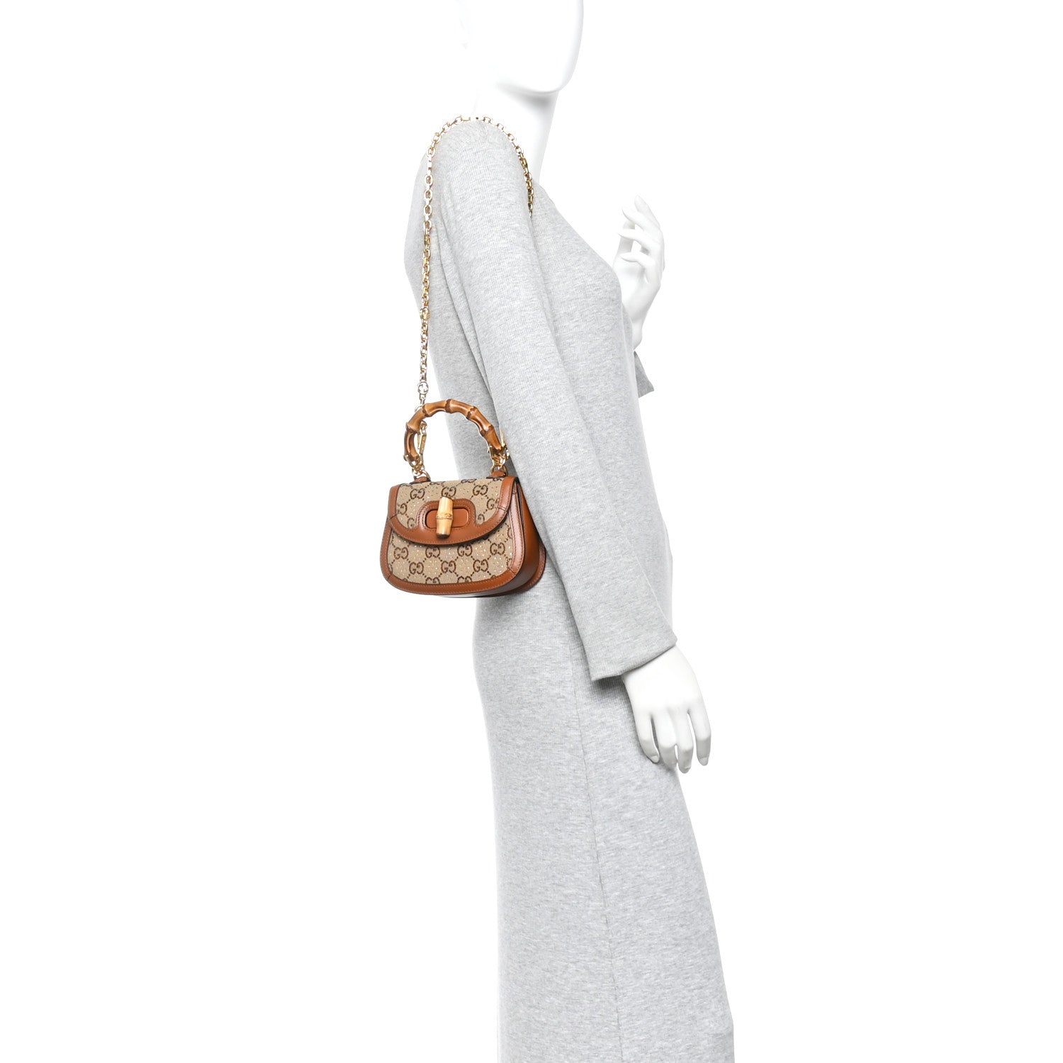 Gucci New Canvas Charisma Calfskin Crystal GG Monogram Small Bamboo 1947 Top Handle Bag Camel Ebony 2 of 9