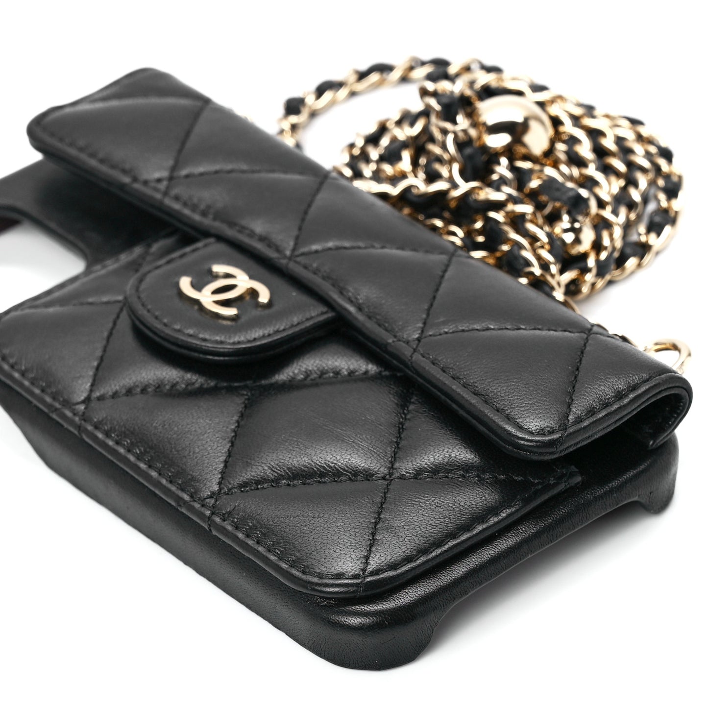 Lambskin Quilted Pearl Crush iPhone XII Pro Holder With Chain Black