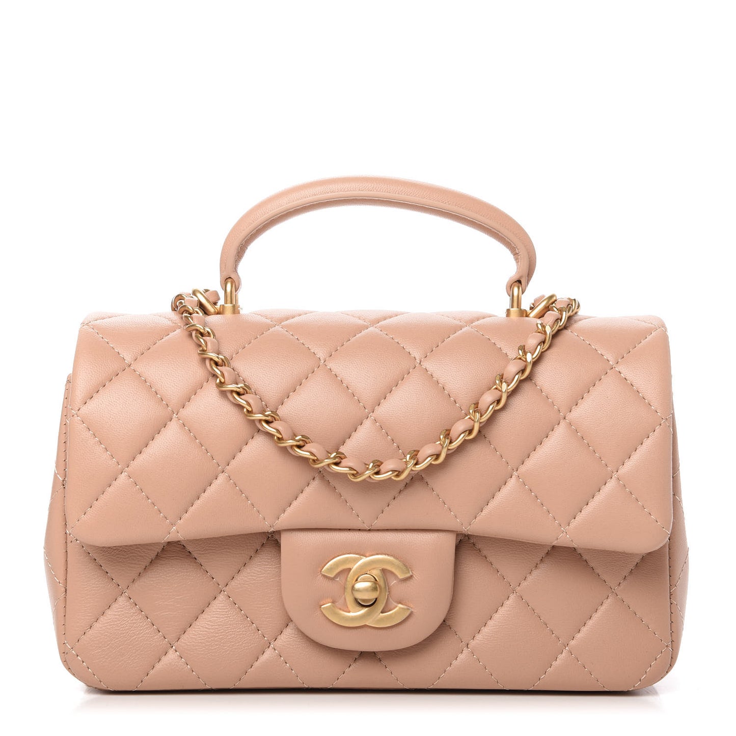Lambskin Quilted Mini Top Handle Rectangular Flap Beige