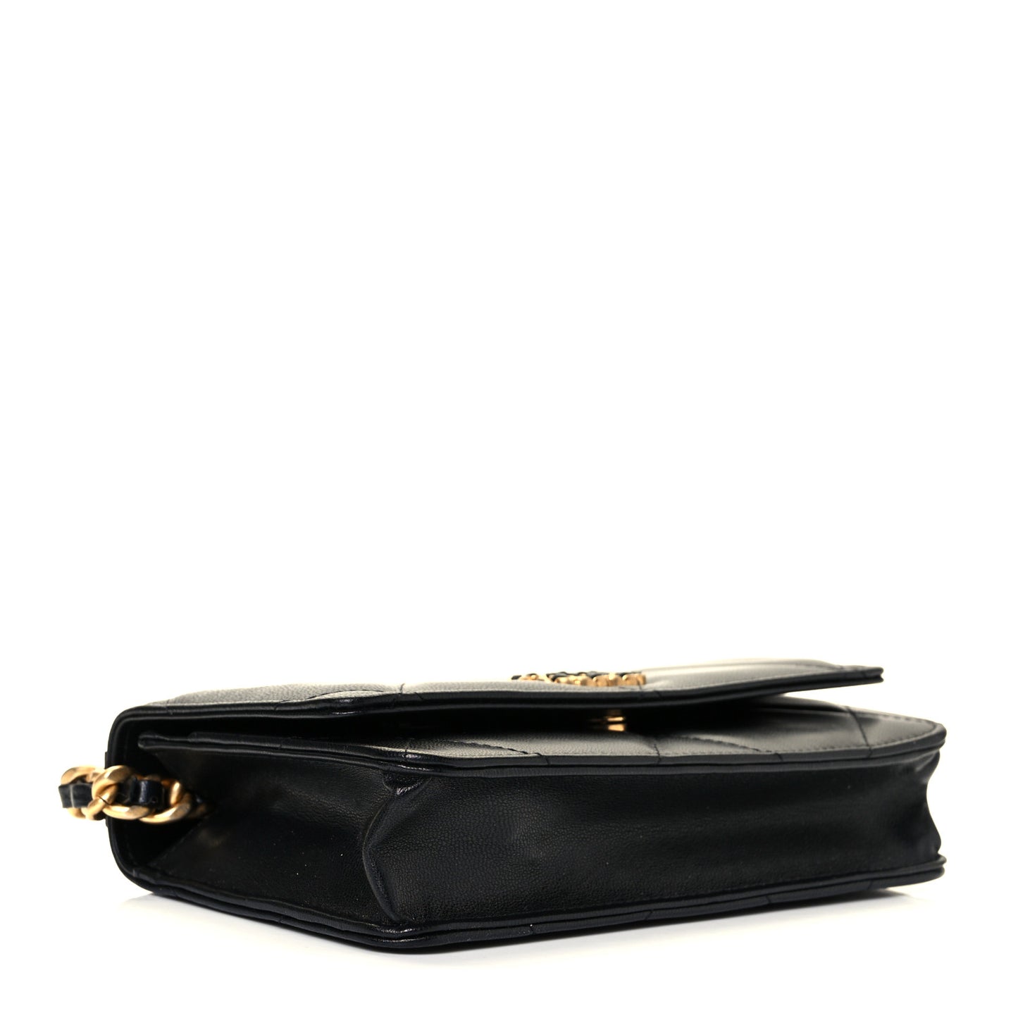 Shiny Goatskin Quilted Chanel 19 Wallet On Chain WOC Black