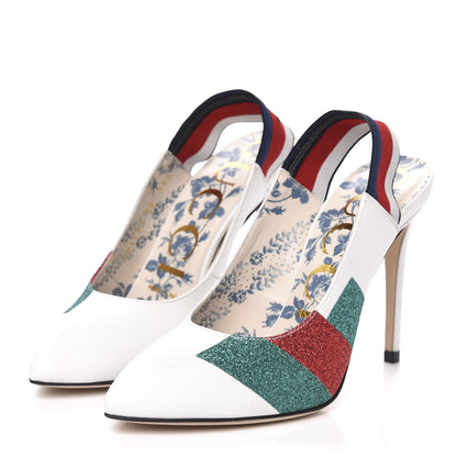 Gucci Calfskin Glitter Web High Heel Slingback Pumps 35 White 3 of 10