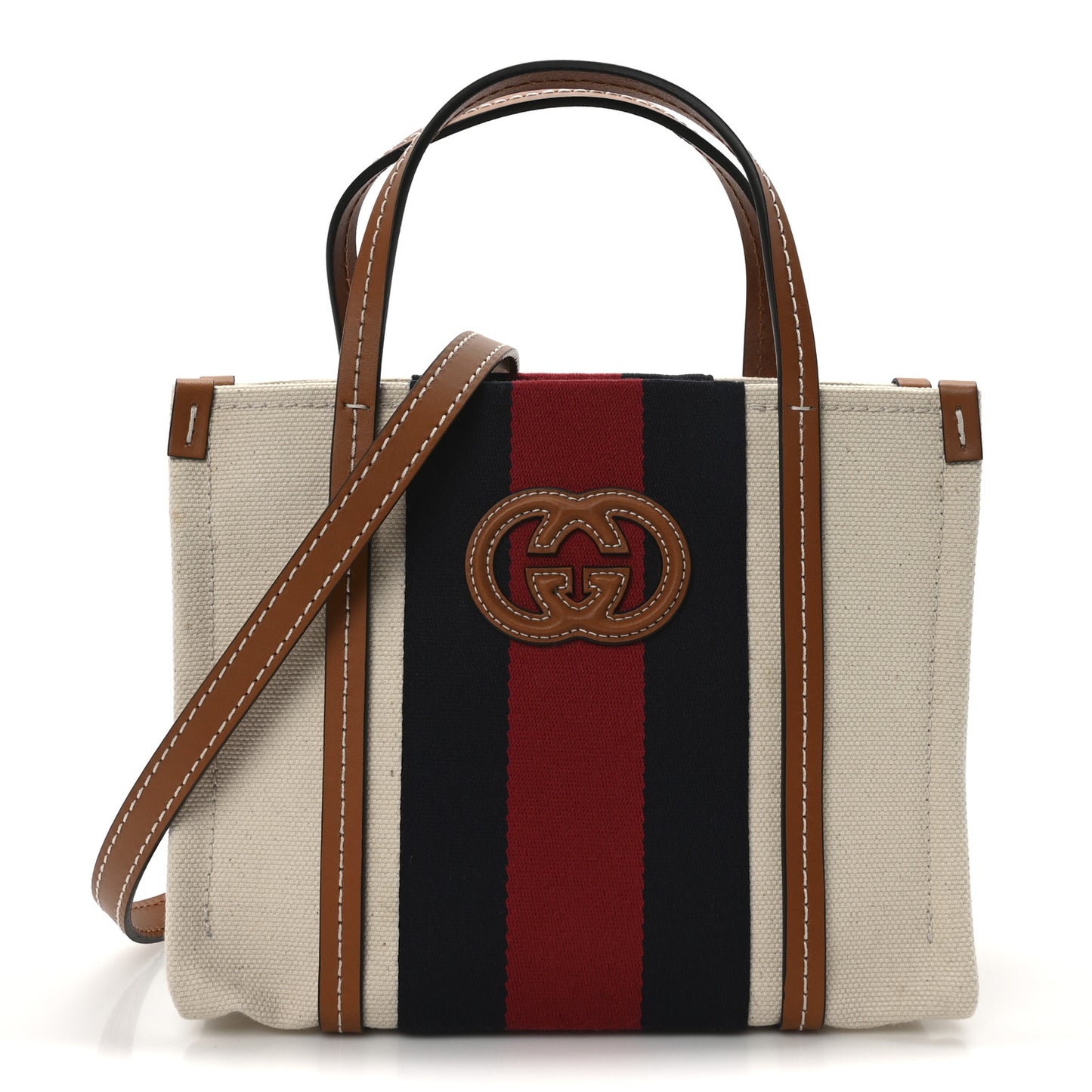 Canvas Calfskin Web Mini Interlocking G Top Handle Tote White Brown Blue Red