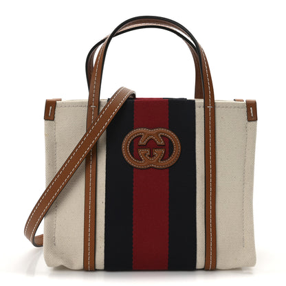 Gucci Canvas Calfskin Web Mini Interlocking G Top Handle Tote White Brown Blue Red 1 of 10