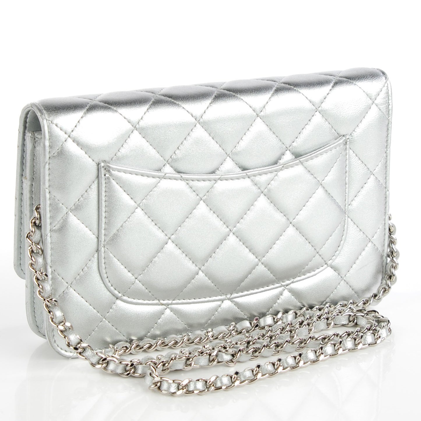 Metallic Lambskin Quilted Wallet On Chain WOC Silver