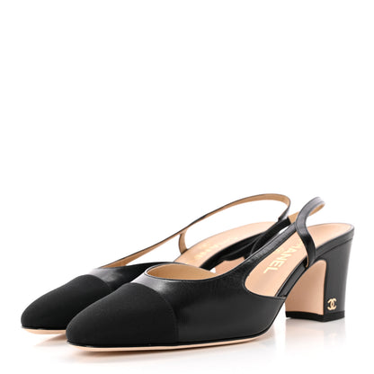 Chanel Goatskin Grosgrain Cap Toe CC Slingback Sandals 39 Black 3 of 13