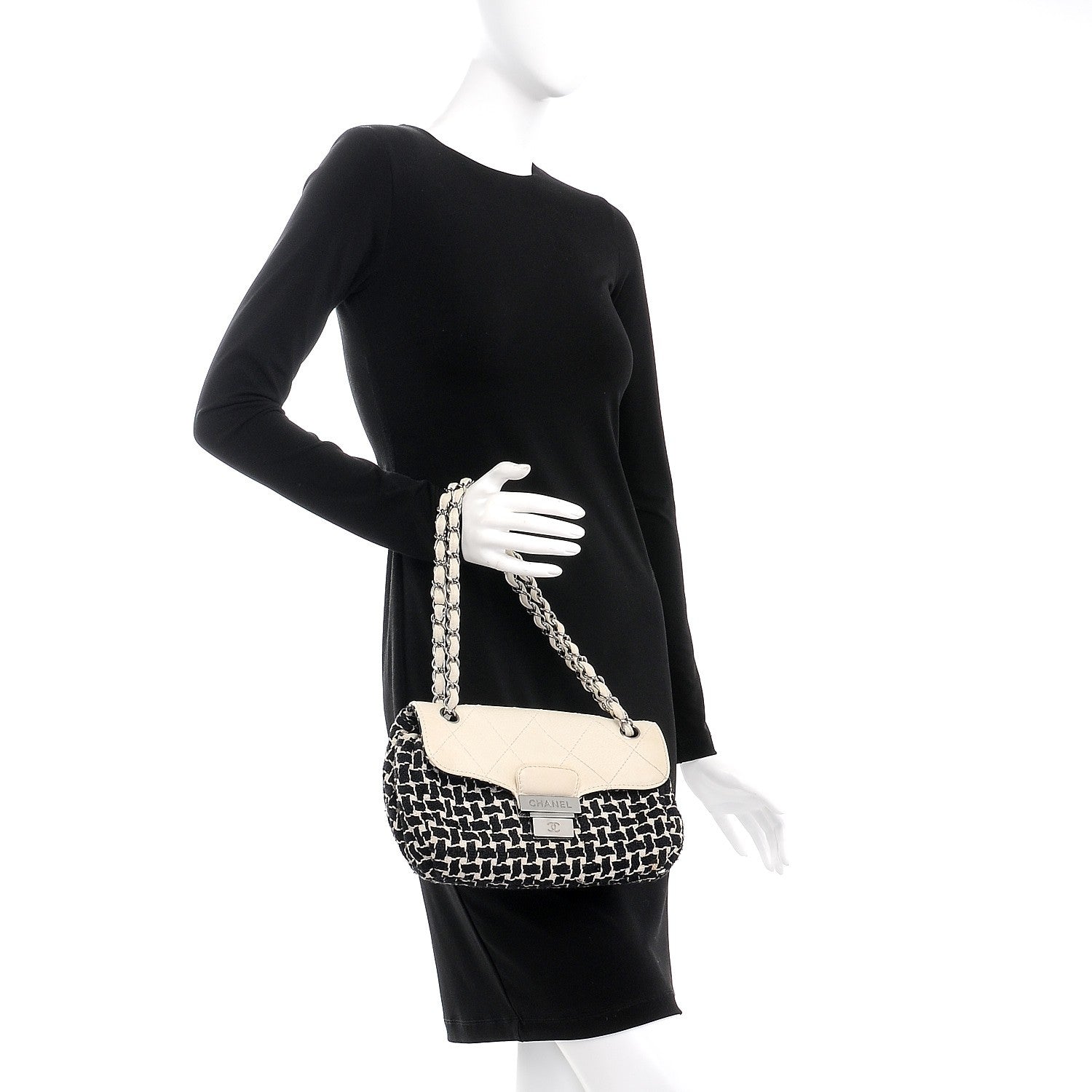 Chanel Tweed Calfskin Woven Single Flap Black Beige 2 of 12