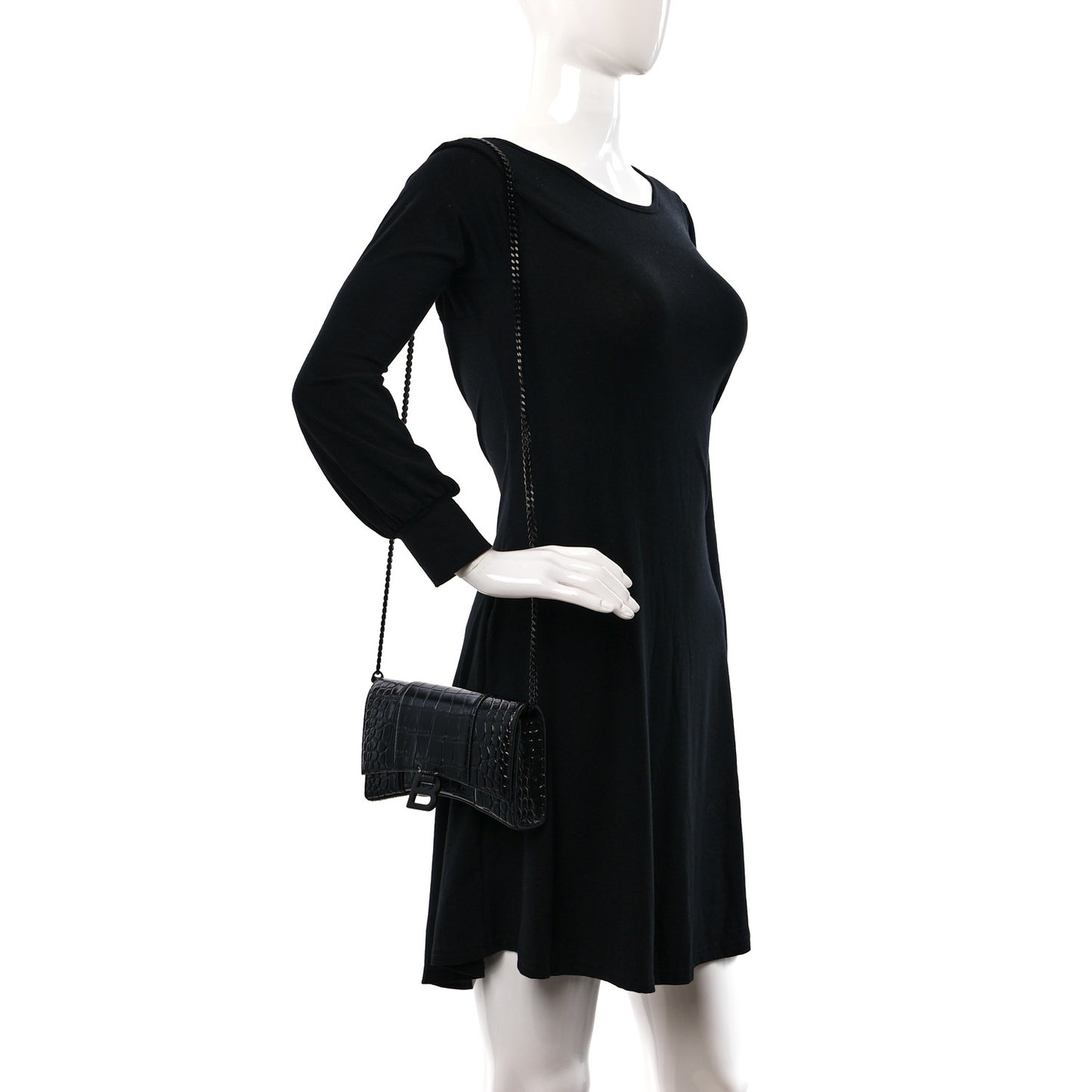 Shiny Calfskin Monochrome Crocodile Embossed Hourglass Chain Bag Black