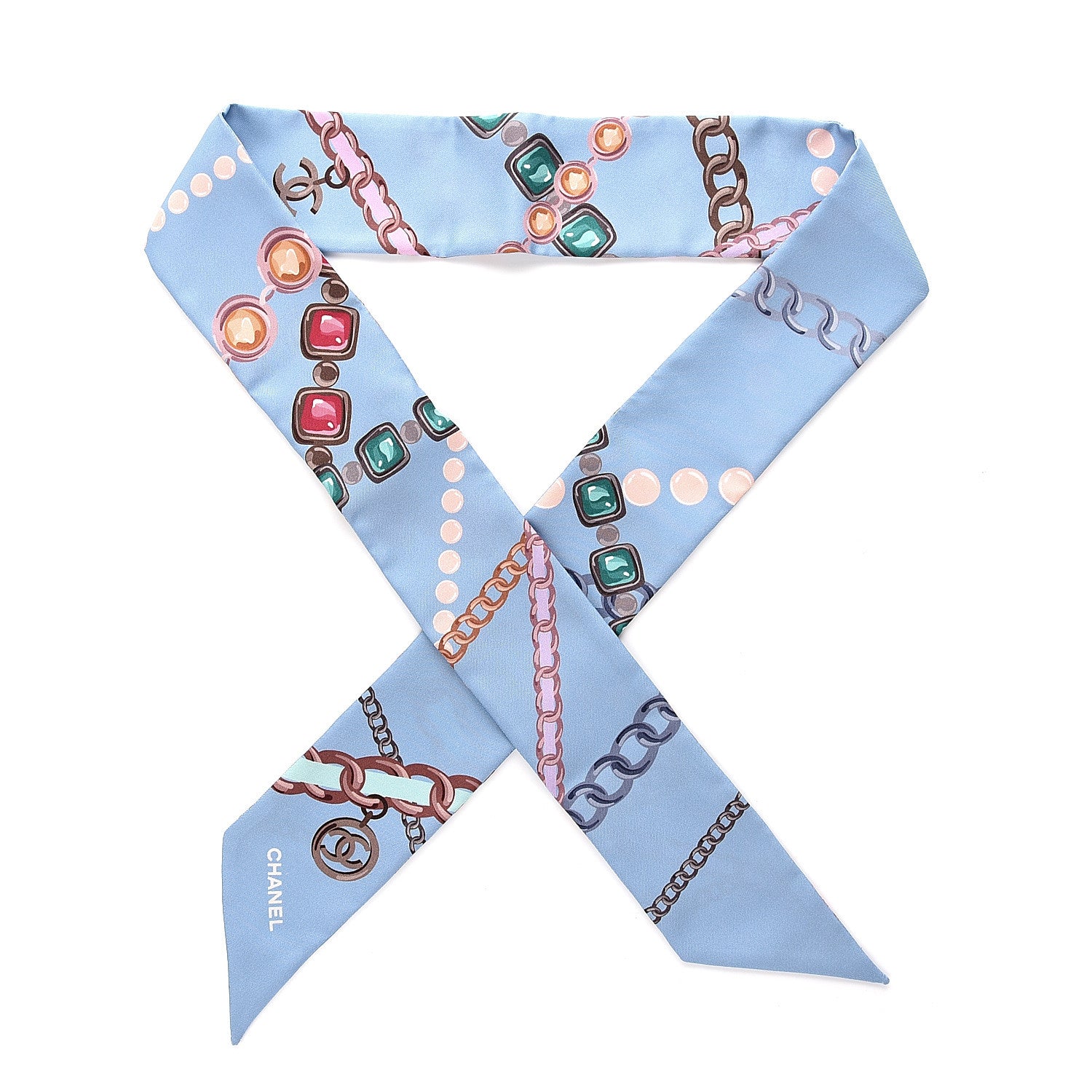 Chanel Silk Pearl CC Chain Slim Bandeau Scarf Blue 1 of 3