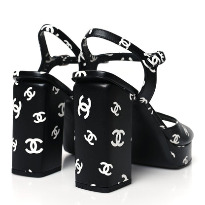 Chanel Printed Lambskin CC Platform Sandals 40 Black White 4 of 9