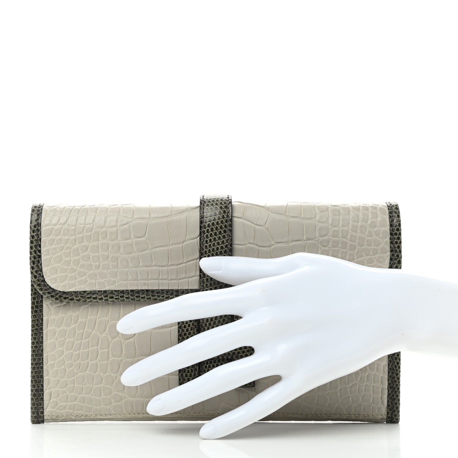 Hermes Matte Alligator Lizard Jige Duo Clutch Beton Vert Olive 3 of 8