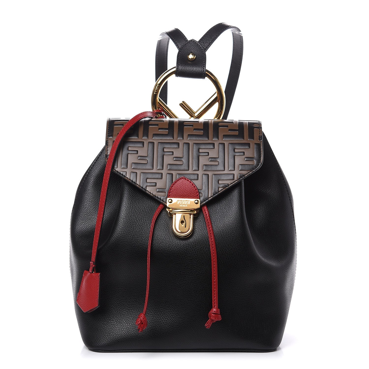 Fendi Vitello Cruise Bi-Color FF 1974 Embossed F is Fendi Drawstring Backpack Black Fragola Maya 1 of 9