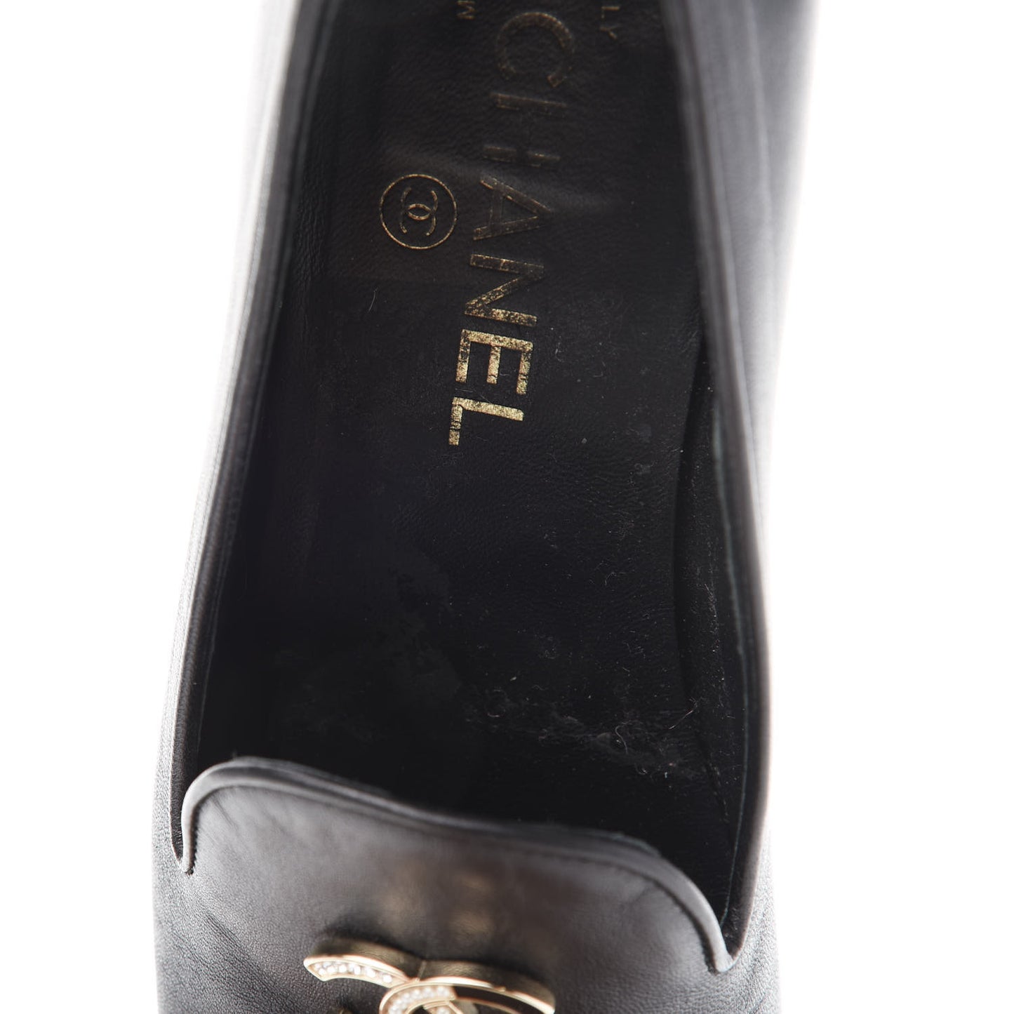 Enamel Pearl Crystal Lambskin Womens CC Mocassin Loafers 36.5 Black