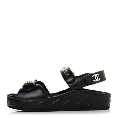 Chanel Shiny Calfskin Logo Platform Sandals 38 Black 1 of 4