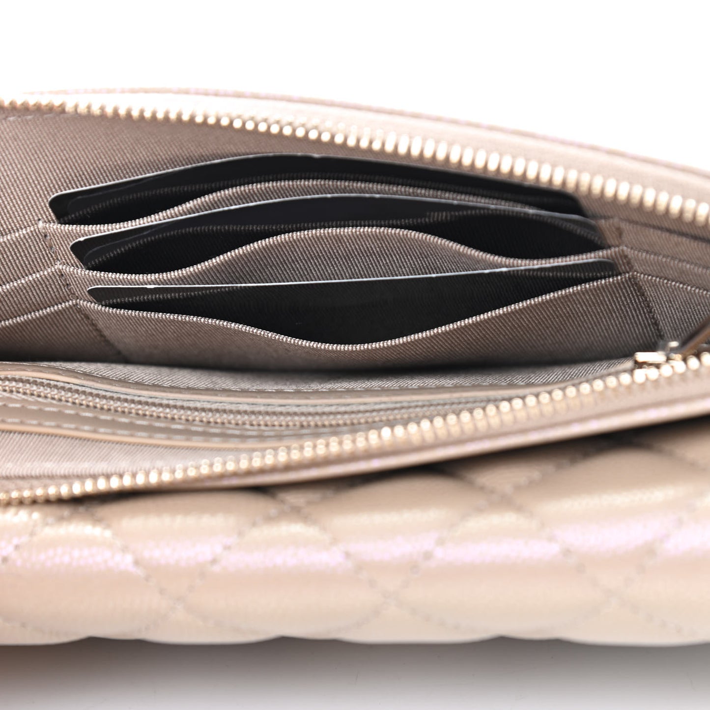 Iridescent Caviar Quilted Flap Phone Holder With Chain Beige