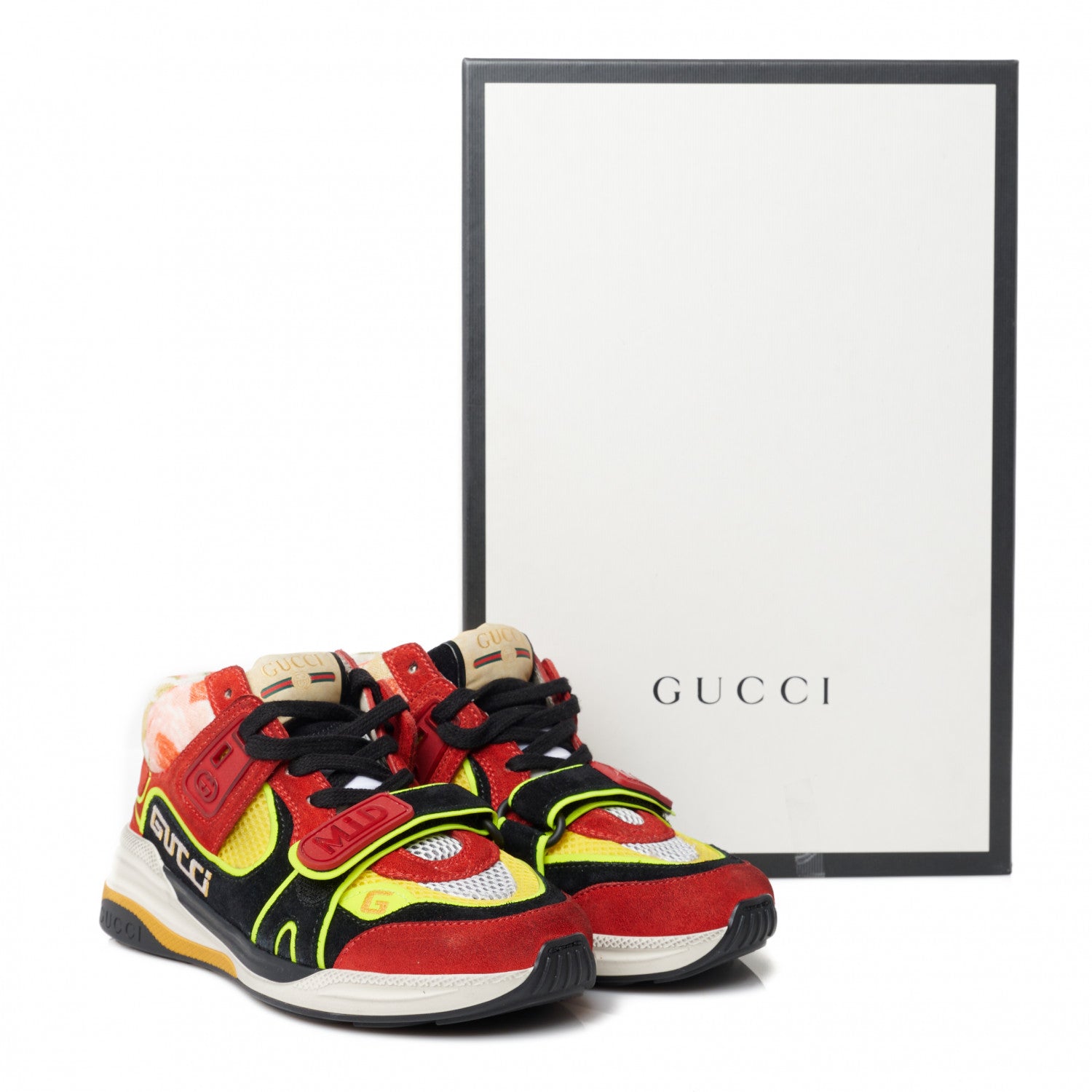 Gucci Suede Calfskin Womens Ultrapace Mid Top Sneakers 34.5 Hibiscus Red Black Neon Yellow Yolk 8 of 8