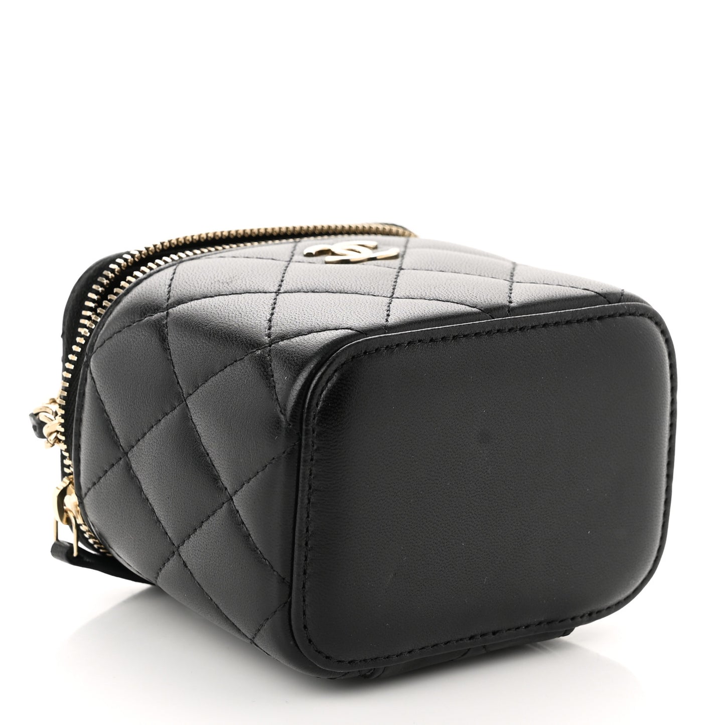 Lambskin Quilted Top Handle Mini Vanity Case With Chain Black