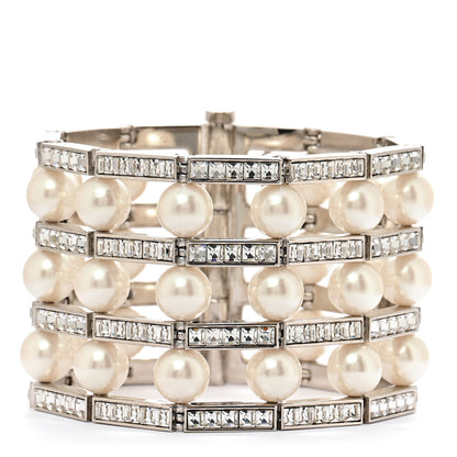 Chanel Crystal Pearl CC Cuff Bracelet M Silver 1 of 5