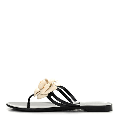 Chanel Jelly Camellia Thong Sandals 38 Black Ivory 1 of 8