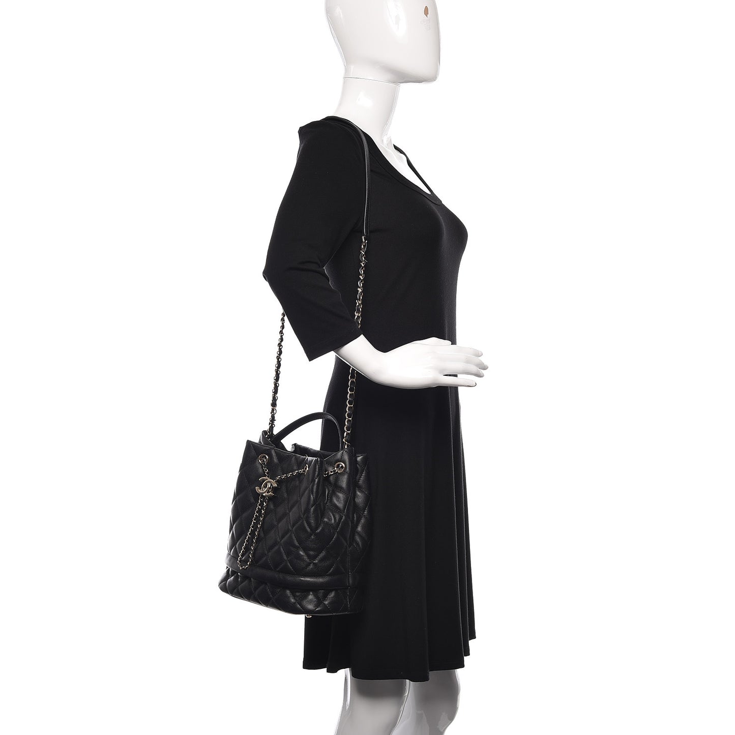 Caviar Quilted Large Rolled Up Bucket Drawstring Bag Black