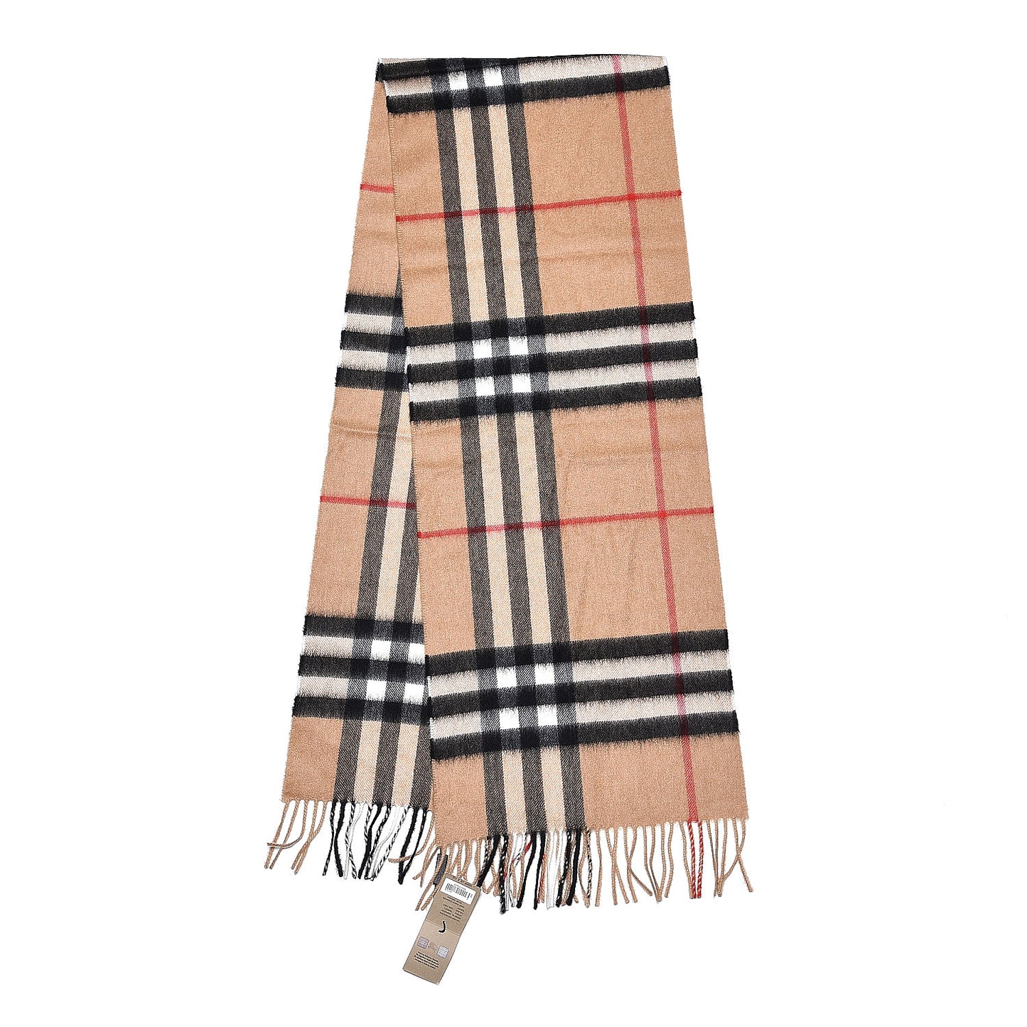 Cashmere Giant Check Fringe Scarf Camel