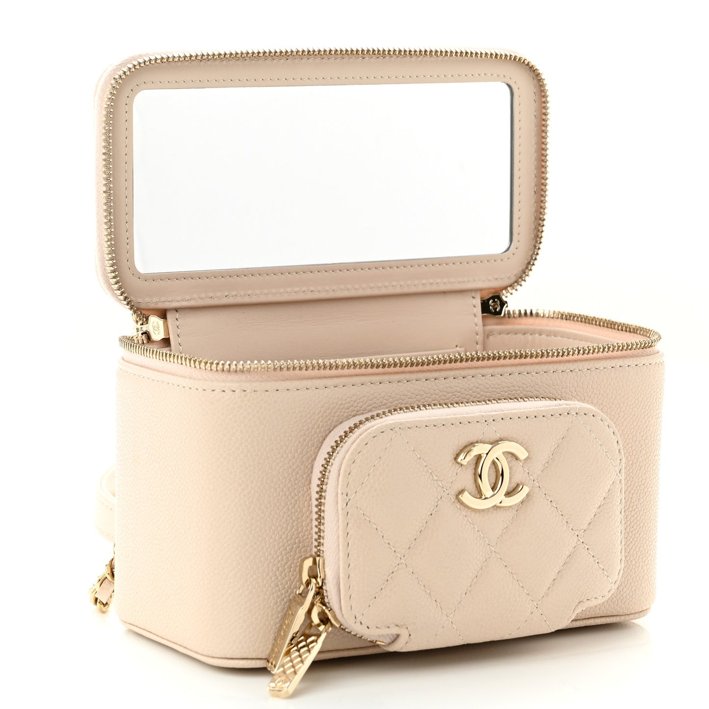Caviar Quilted Top Handle Pocket Vanity Case Beige
