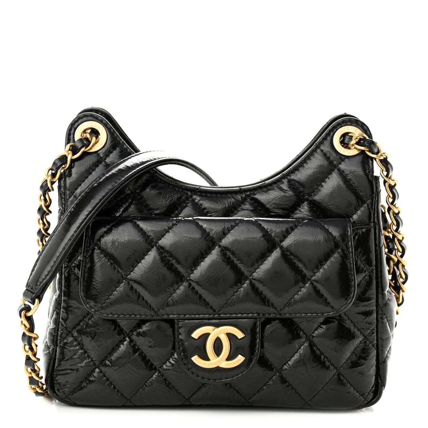 Shiny Crumpled Calfskin Quilted Small Wavy CC Hobo Black