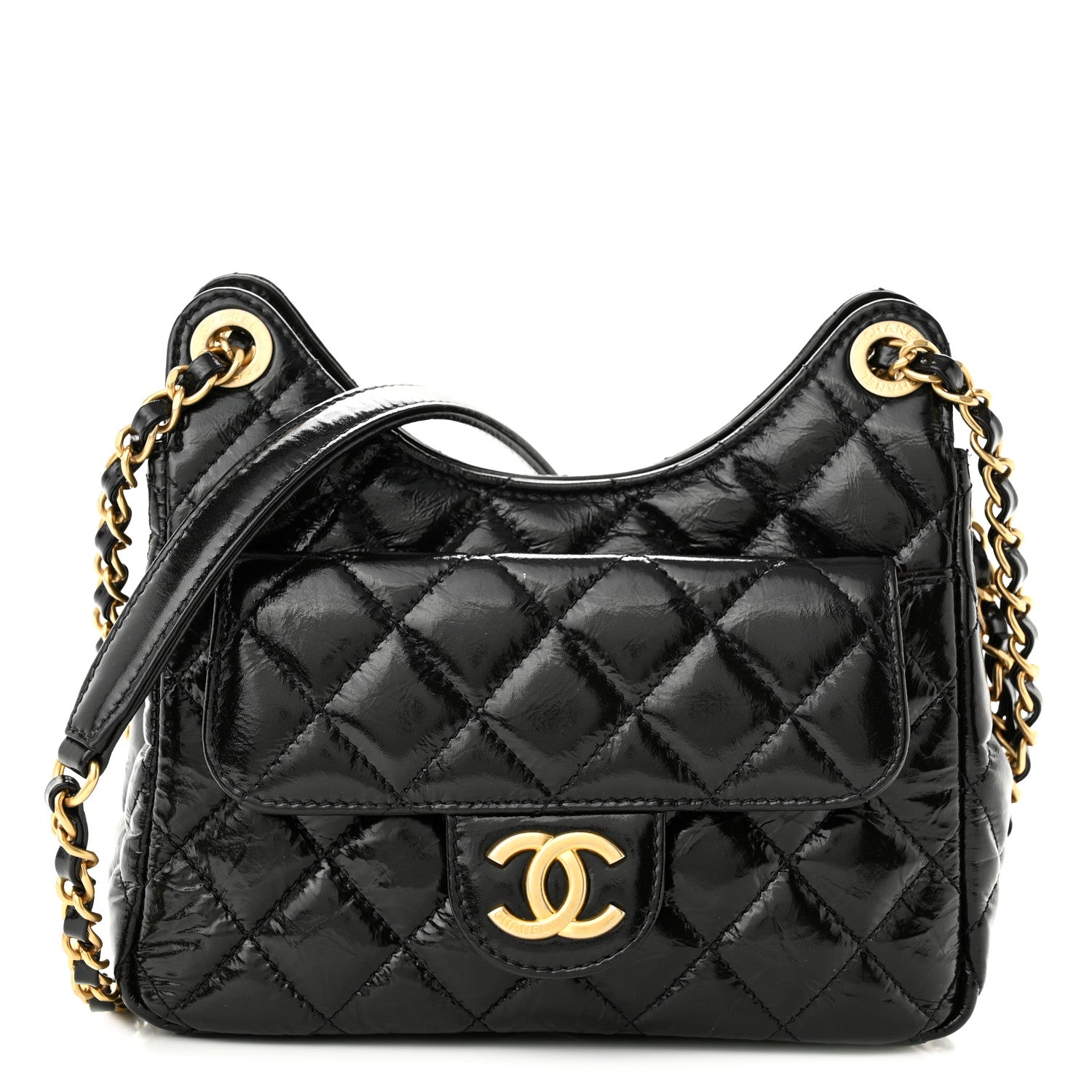 Chanel Shiny Crumpled Calfskin Quilted Small Wavy CC Hobo Black 1 of 12