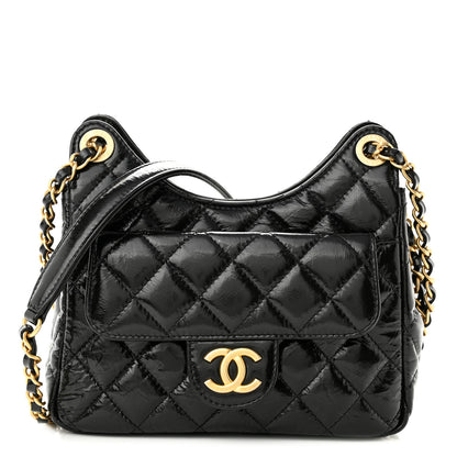 Chanel Shiny Crumpled Calfskin Quilted Small Wavy CC Hobo Black 1 of 12